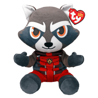 TY Rocket Raccoon plush – soft, collectible Marvel Beanie Baby featuring Rocket in red suit with bold eyes, perfect for Guardians fans.