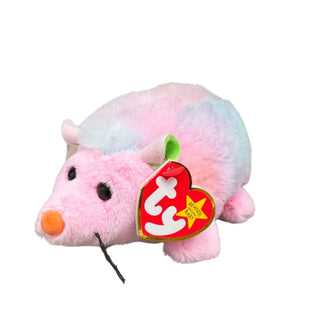 TY Ruffles Beanie Baby – pastel possum plush with pink, blue, and purple fur, orange nose, black eyes, and stitched whiskers.