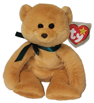 TY Winston the Bear Beanie Baby – soft golden-brown plush bear with black eyes and green satin ribbon, perfect for cuddling or collecting.