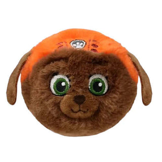 TY Zuma Bounce Ball—round plush Paw Patrol toy with green eyes, brown fur, and orange helmet from the TY Beanie Bouncer collection.