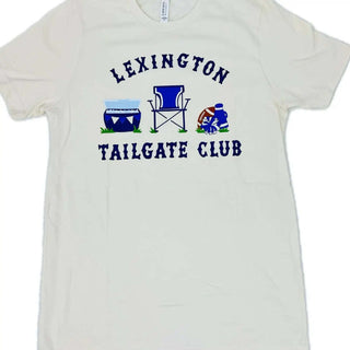 Lexington Tailgate Club Graphic Tee—cream unisex shirt with cooler, chair, football, and pom-poms design for Bluegrass game day fans.