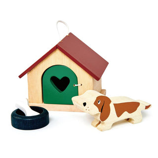 Wooden dog playset with doghouse, food bowl, bone, and brown puppy—perfect for dollhouse or pretend pet care play.