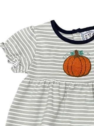 Close_up of Three Sisters girls striped pumpkin applique top with navy ruffle leggings, perfect for fall outings and family pumpkin patch photos.