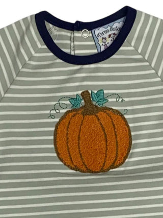 Close-up of Three Sisters boys fall outfit with striped pumpkin applique top and navy joggers, perfect for pumpkin patch days
