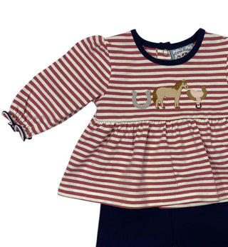 Close-up of Three Sisters girls striped horse applique top with navy ruffle leggings, perfect for horse lovers and everyday fall wear.