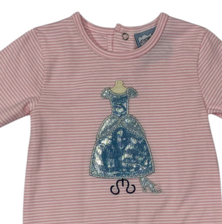 Close-up of Three Sisters pink striped girls romper with princess gown applique and ruffle trim, perfect for playtime and dress-up fun.