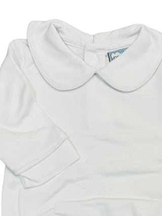 Close-up of Three Sisters white long sleeve onesie with Peter Pan collar, a timeless layering essential for baby boys and girls.
