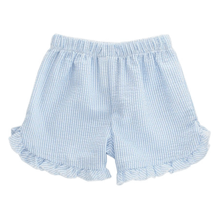 Girls light blue seersucker ruffle shorts with elastic waist—soft, breathable, and perfect for warm-weather play or special occasions.