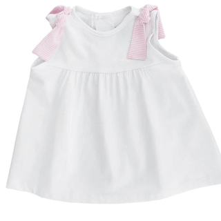 White girls sleeveless tie top with pink seersucker bows—perfect for monogramming and pairing with ruffle shorts or skirts.