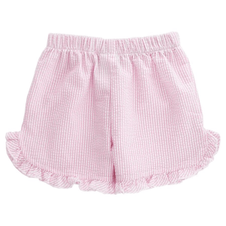 Girls pink seersucker ruffle shorts with elastic waistband and frill trim—perfect for warm weather and Southern everyday style.