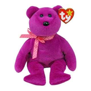 Limited Edition Ty Magenta II Bear with pink polka-dot bow – 30th Anniversary Beanie Baby collectible with official Ty Heart tag.