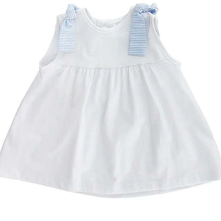 White girls tie top with light blue seersucker shoulder bows—perfect for summer and pairs sweetly with matching seersucker ruffle shorts.