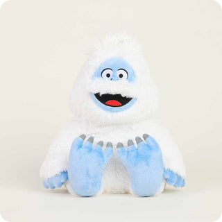 Front view of Warmies Bumble plush with blue face, big blue paws,and bright blue scarf, perfect for cozy holiday cuddles.