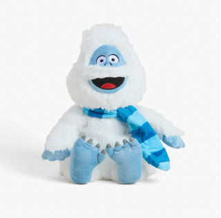 Front view of Warmies Bumble plush with fluffy white fur, blue face, and bright blue scarf, perfect for cozy holiday cuddles.