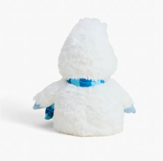 Back view of holiday Warmies Bumble plush showing soft white fur and the bright blue striped scarf tied around the neck.
