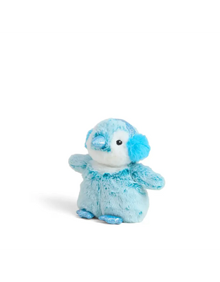 Side view of Warmies Blue Winter Penguin Junior plush showing blue earmuffs and sparkly feet and beak on a white backdrop