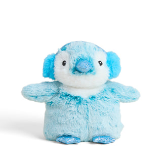 Warmies Blue Winter Penguin Junior plush with soft blue earmuffs and sparkles standing upright against white background