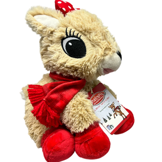 Side view of Warmies Clarice plush with red holiday scarf and bow, microwavable stuffed animal with lavender scent.