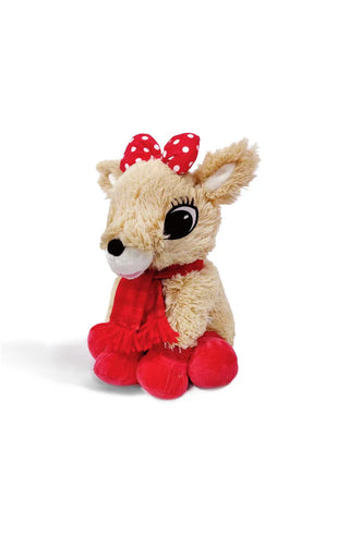 Warmies Clarice plush toy with festive red holiday bow, scarf, and red boots, a microwavable and scented cuddly companion.