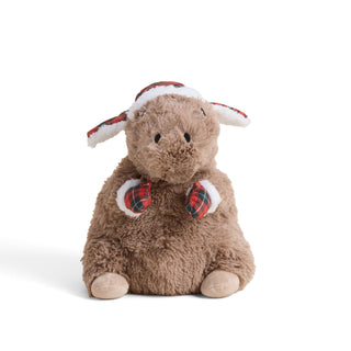 Warmies Cozy Capybara holiday plush with plaid winter hat and fur trimmed mittens sitting upright on a white background.