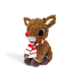 Side view of Christmas holiday Warmies Rudolph plush with red and white striped scarf, red nose, and soft brown fur.