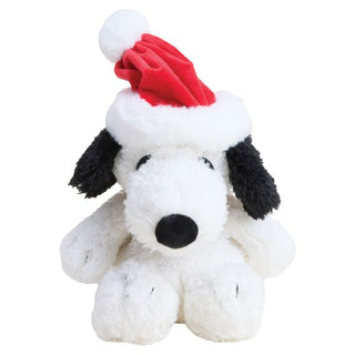 Warmies holiday Snoopy white plush dog toy with black ears wearing a red Santa hat, sitting upright on a white background.