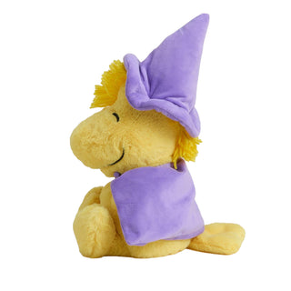 Side view of Warmies Wizard Woodstock Plush dressed as a wizard, heatable and scented Peanuts plush for warmth or cooling.