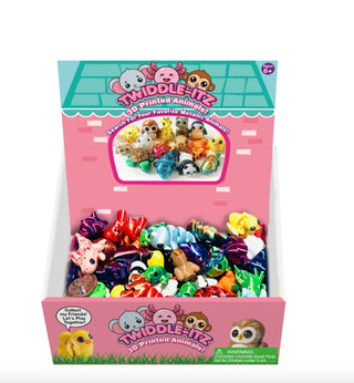 Box of Twiddle-Itz 3D collectible  printed animals with colorful animals, some metallic and glow-in-the-dark, figurines inside.