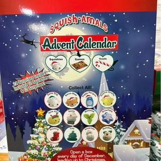 Back of Zorbitz Squish Amal Advent Calendar for Christmas with 24 numbered doors and festive Santa’s toy shop design.