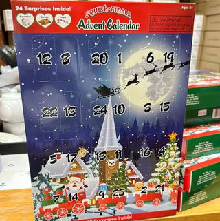 Squish-Amals Advent Calendar packaging with numbered windows for daily surprises, featuring Santa and holiday decor.