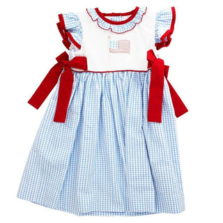 Girls red, white, and blue patriotic dress with gingham skirt, embroidered flag, and side bows by Bailey Boys.