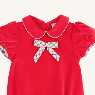 Close-up of Banks Bow Bubble showing red fabric and tattersall bow detail, timeless Southern baby outfit from The Beaufort Bonnet Company