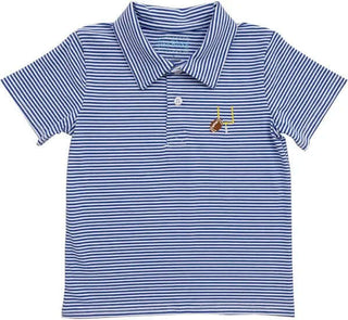 Blue Striped Game Day Football Polo by Itsy Bitsy—boys’ knit polo with micro stripes, collar, and embroidered football and goalpost design.