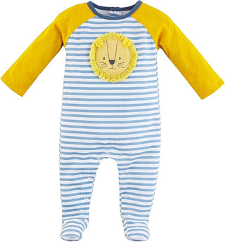 Blue striped lion sleeper with yellow fringe mane, footed design, and snap closure. Features soft slub sleeves for cozy all-night comfort.