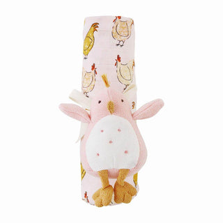 Pink Chicken Swaddling Blanket & Rattle Set