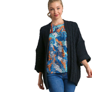 Umgee 3/4 Folded Sleeve Open Front Cable Knit Sweater Cardigan