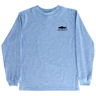 J. Bailey boys’ long sleeve blue tee with colorful trout fishing design—soft cotton shirt for outdoor-loving little Southern gentlemen