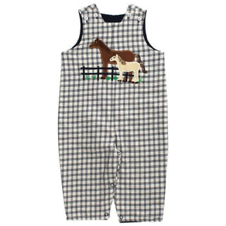 Boys' reversible horse jon jon with brown and cream pony applique, navy gingham, and soft cotton for cozy fall comfort.