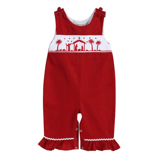 Red Nativity Smocked Ruffle Cuff Baby Jumper Overalls