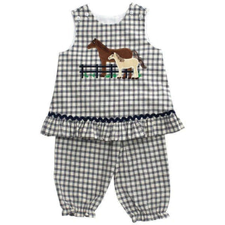 Bailey Boys horse-themed angel dress with ruffled hem and matching plaid bloomers for baby girls, perfect fall outfit with equestrian flair