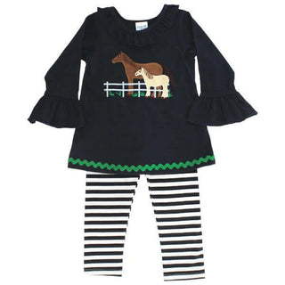 Bailey Boys girls’ horse tunic and striped legging set with ruffle sleeves and pony appliqué—perfect for fall farm fun and sibling photos