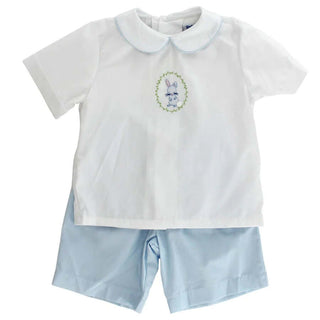 Baby boy Easter outfit with embroidered bunny shirt and light blue shorts by Bailey Boys, featuring a sweet Peter Pan collar.