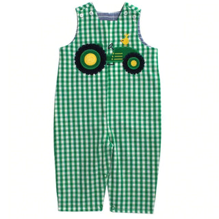 Reversible toddler Jon Jon with green tractor on gingham side and bear with pine trees on blue plaid side