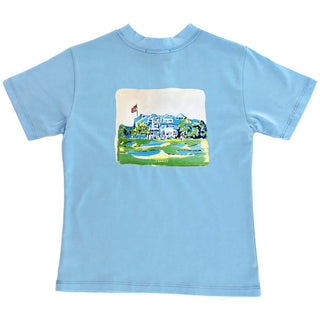 J. Bailey boys' light blue t-shirt with watercolor golf clubhouse illustration and logo—perfect for little golfers and summer fun.