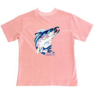 J. Bailey boys' short sleeve cantaloupe t-shirt with watercolor fish graphic and logo—perfect for casual wear and fishing season fun.