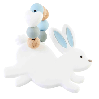Blue bunny silicone teether with wood ring and soft ear detail; safe for babies up to 18 months