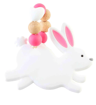 Pink bunny silicone teether with beaded silicone ring; soft, chew-safe toy for infants