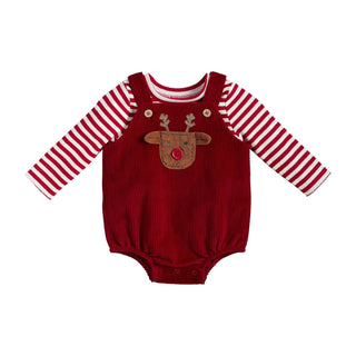 Red corduroy baby bubble set with reindeer applique and striped long-sleeve shirt, perfect for Christmas photo ops and holiday wear.