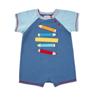Blue cotton shortall with colorful pencil and ruler appliqué, red buttons, and gray contrast sleeves—perfect for Back to School photos.