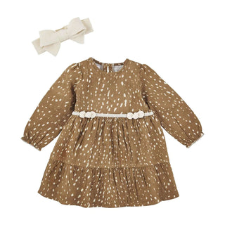 Brown cotton gauze long-sleeve baby dress with white fawn dot print, flounce hem, and cream bow headband—Mud Pie Little Deer collection.
